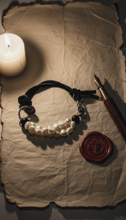 Adjustable Bracelet on Black Suede and Freshwater Pearls & Matte Onyx and Silver Tone Accents