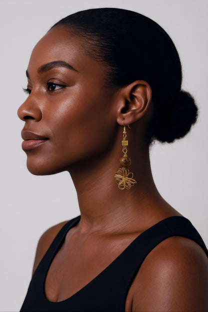 Gold Tone Flower Earrings With Picture Jasper and Gold Tone Accents & Ear Wires