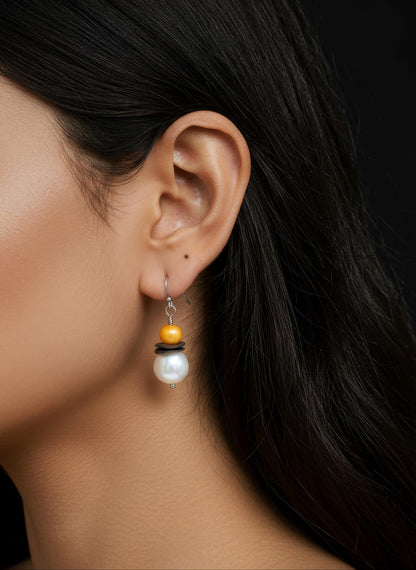 Yellow & White Pearls with Wavy Black Gold Spacers on Stainless Steel Ear Wires
