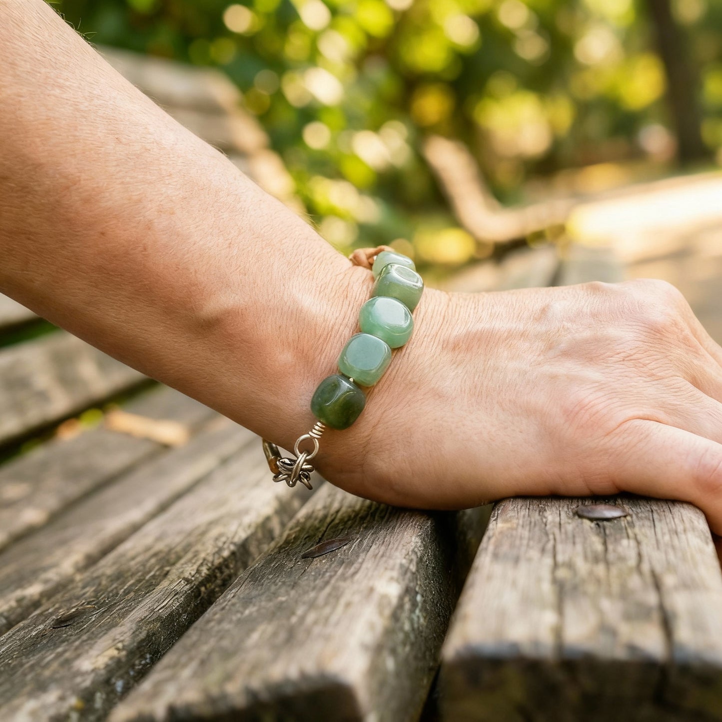 Green Aventurine Nuggets and Natural Tan Leather Bracelet