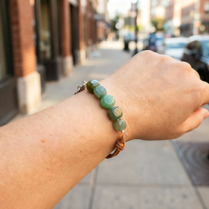 Green Aventurine Nuggets and Natural Tan Leather Bracelet