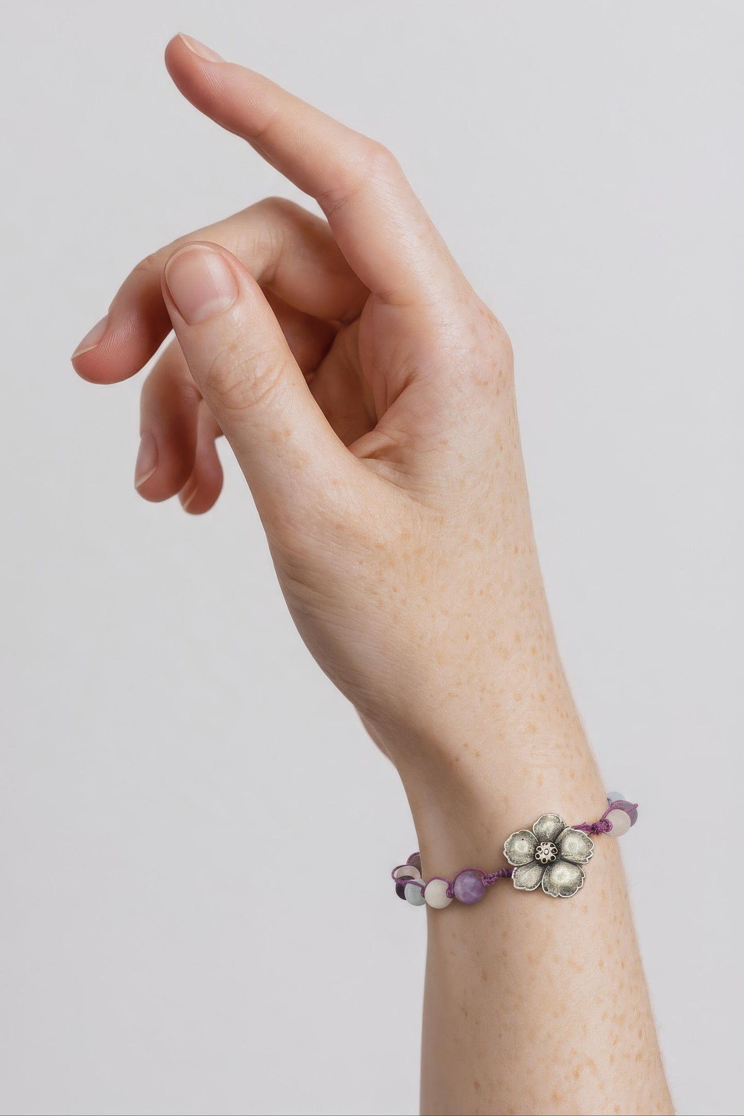 Hand-Knotted Bracelet Featuring Matte Amethyst, Rose Quartz, and Clear Quartz and Periwinkle Blossom Button Closure