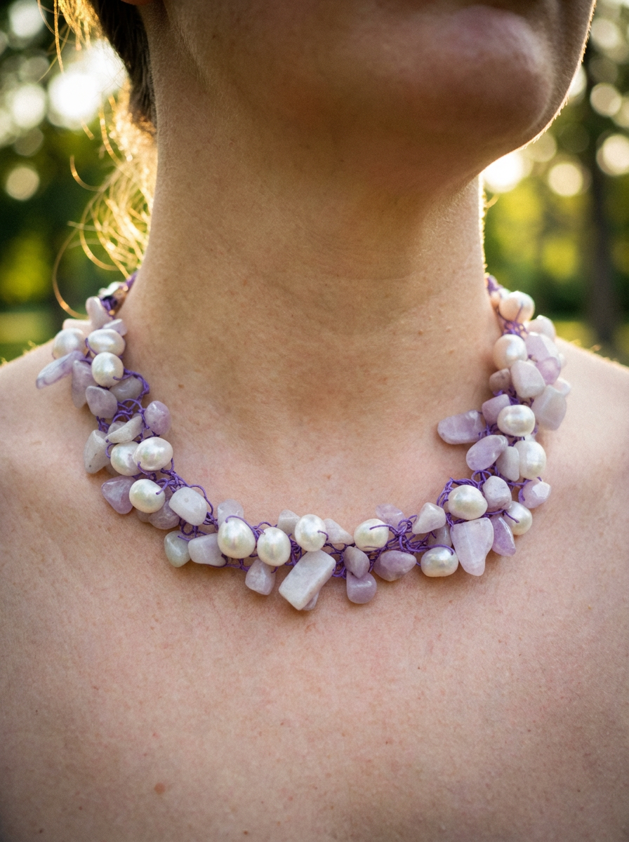 Beautiful Wire Crochet Kunzite and Pearl Necklace and Stainless Steel Chain