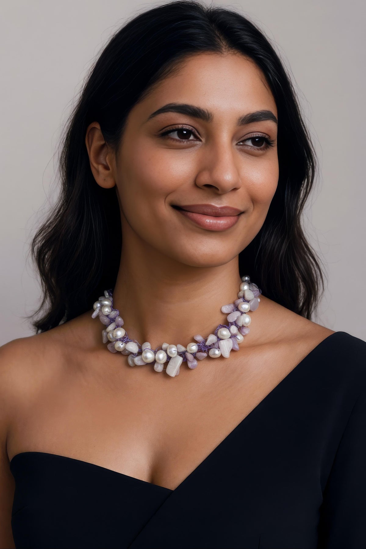 Beautiful Wire Crochet Kunzite and Pearl Necklace and Stainless Steel Chain