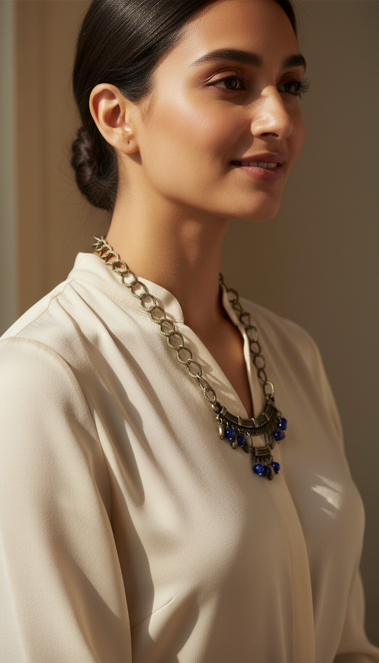Olive Green Chain & Leather & Lapis Necklace & Earrings