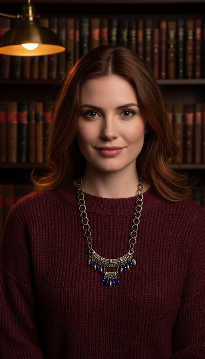 Olive Green Chain & Leather & Lapis Necklace & Earrings