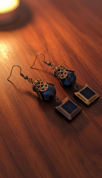 Lapis & Blue Glass Squares on Antique Copper & Ear Wires