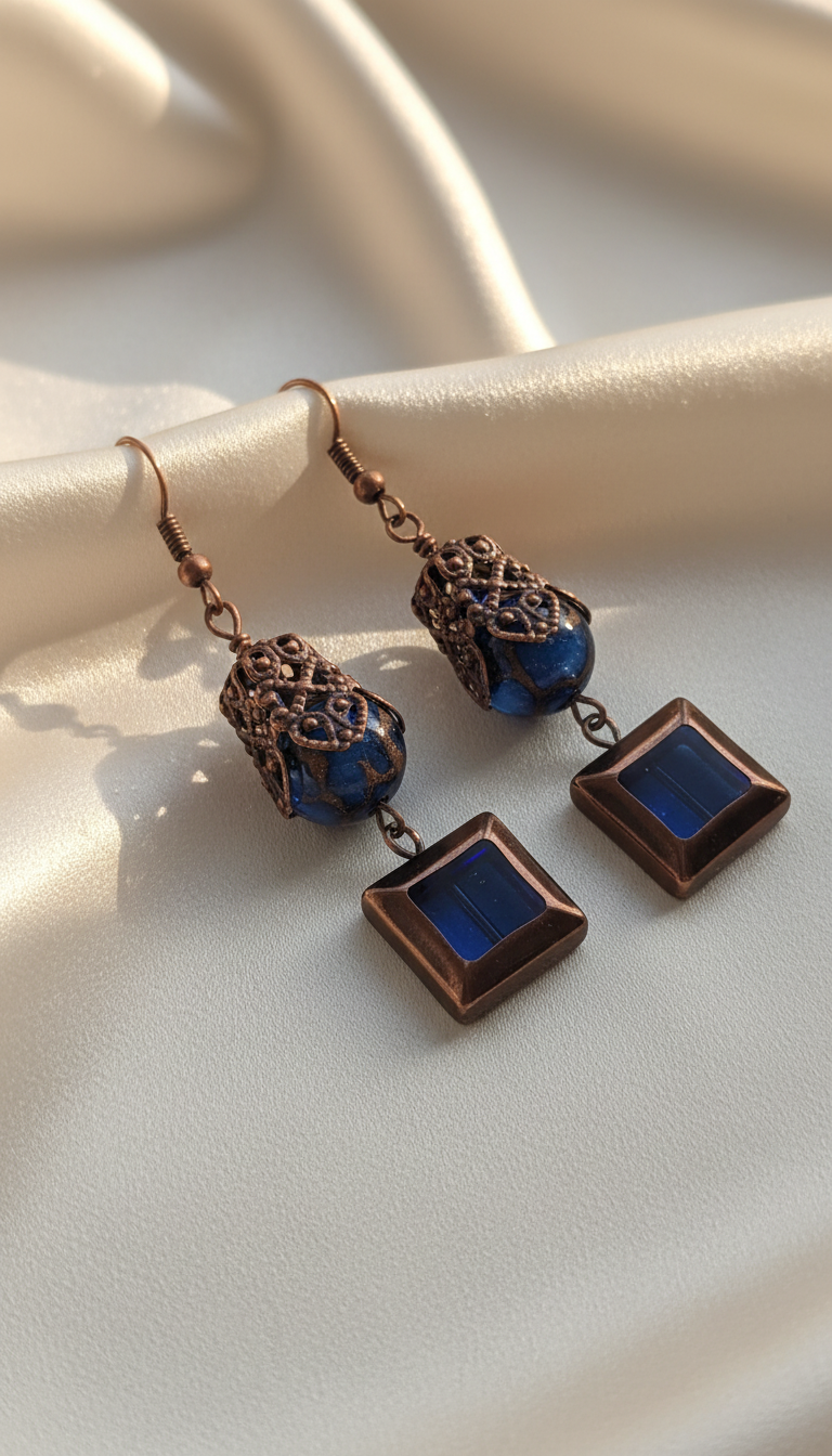 Lapis & Blue Glass Squares on Antique Copper & Ear Wires