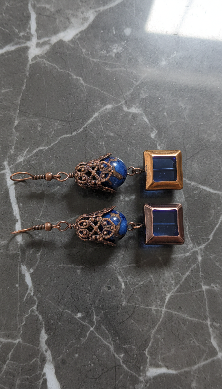 Lapis & Blue Glass Squares on Antique Copper & Ear Wires