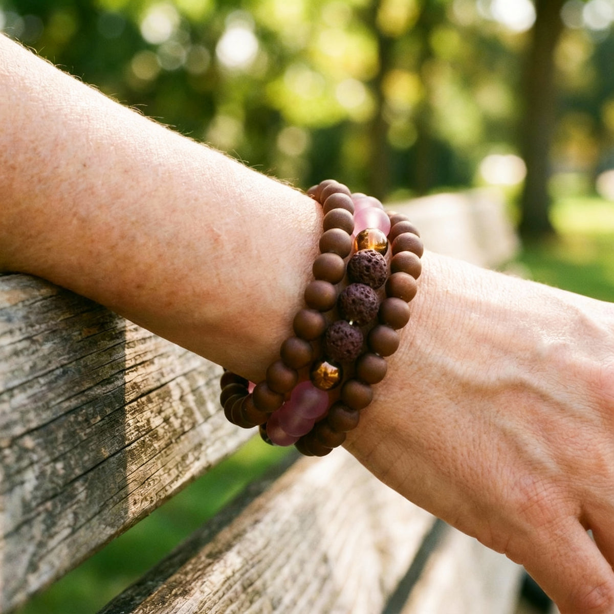 LAVA - Brown Lava, Brown and Pink Mermaid Glass Beads Memory Wire Bracelet