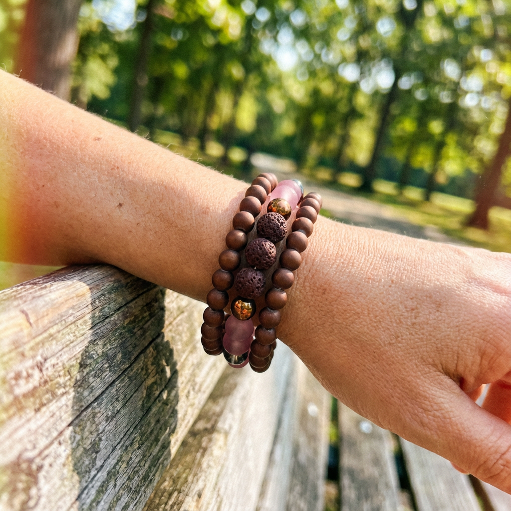 LAVA - Brown Lava, Brown and Pink Mermaid Glass Beads Memory Wire Bracelet