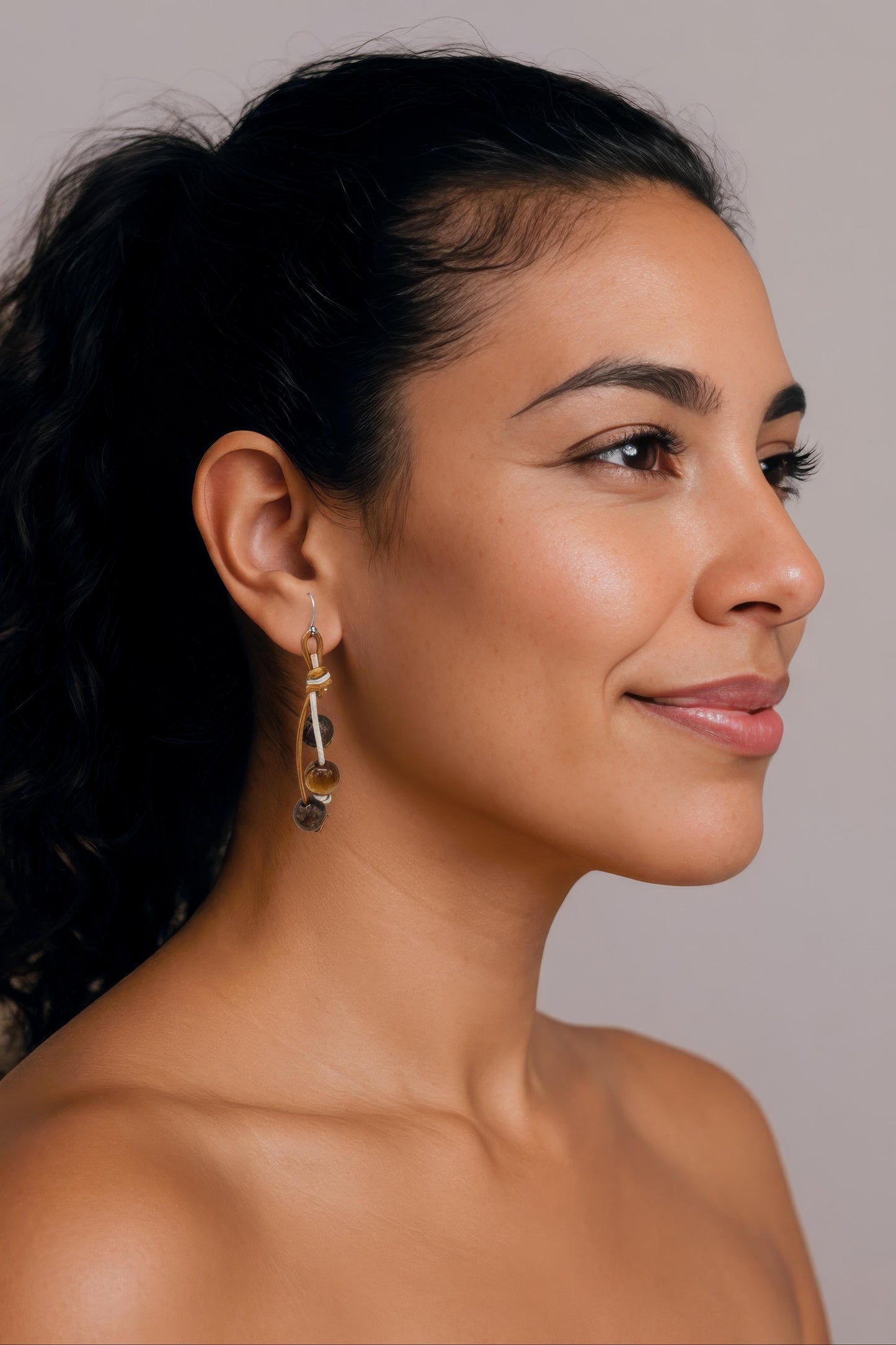 Two-Tone Leather Earrings with Boulder Opal and Tiger's Eye on Stainless Steel Ear Wires
