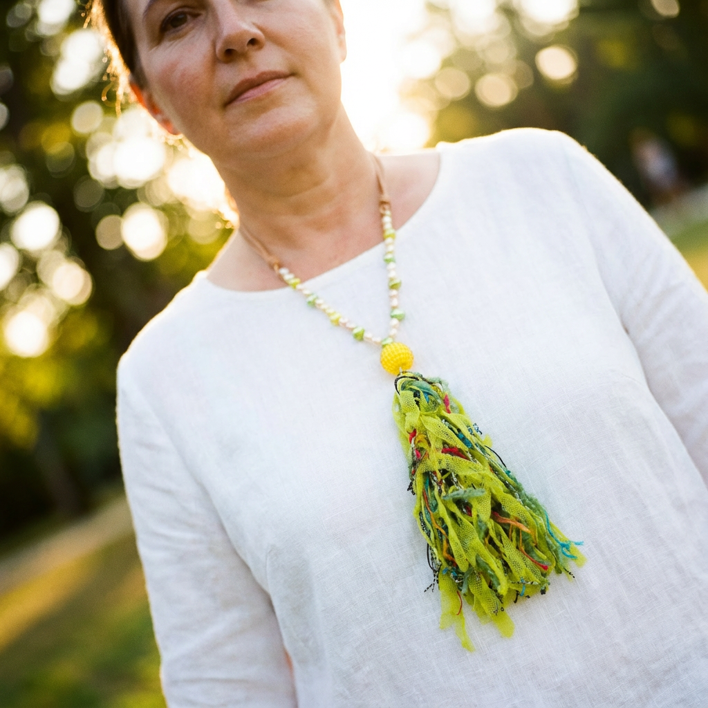 White Pearls & Lime Green Dancing Pearls & Colorful Tassel Necklace