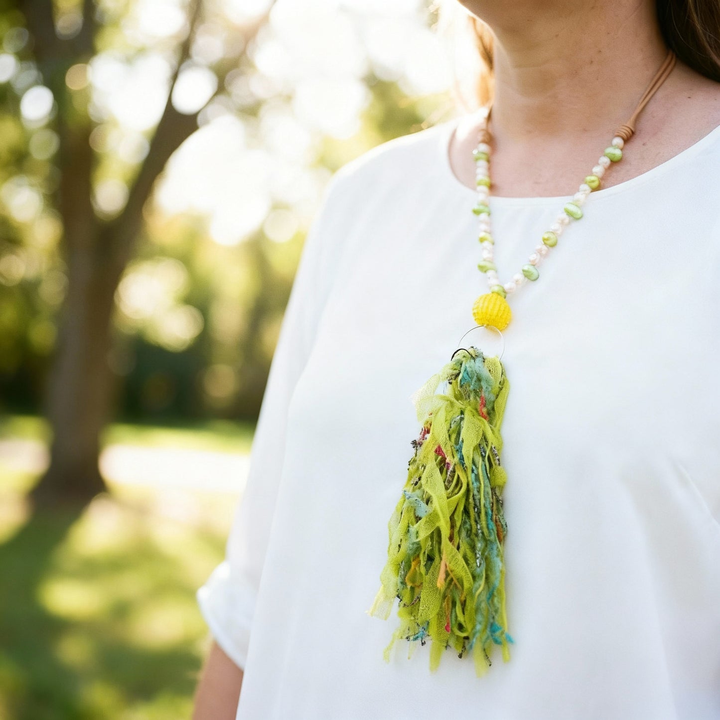 White Pearls & Lime Green Dancing Pearls & Colorful Tassel Necklace