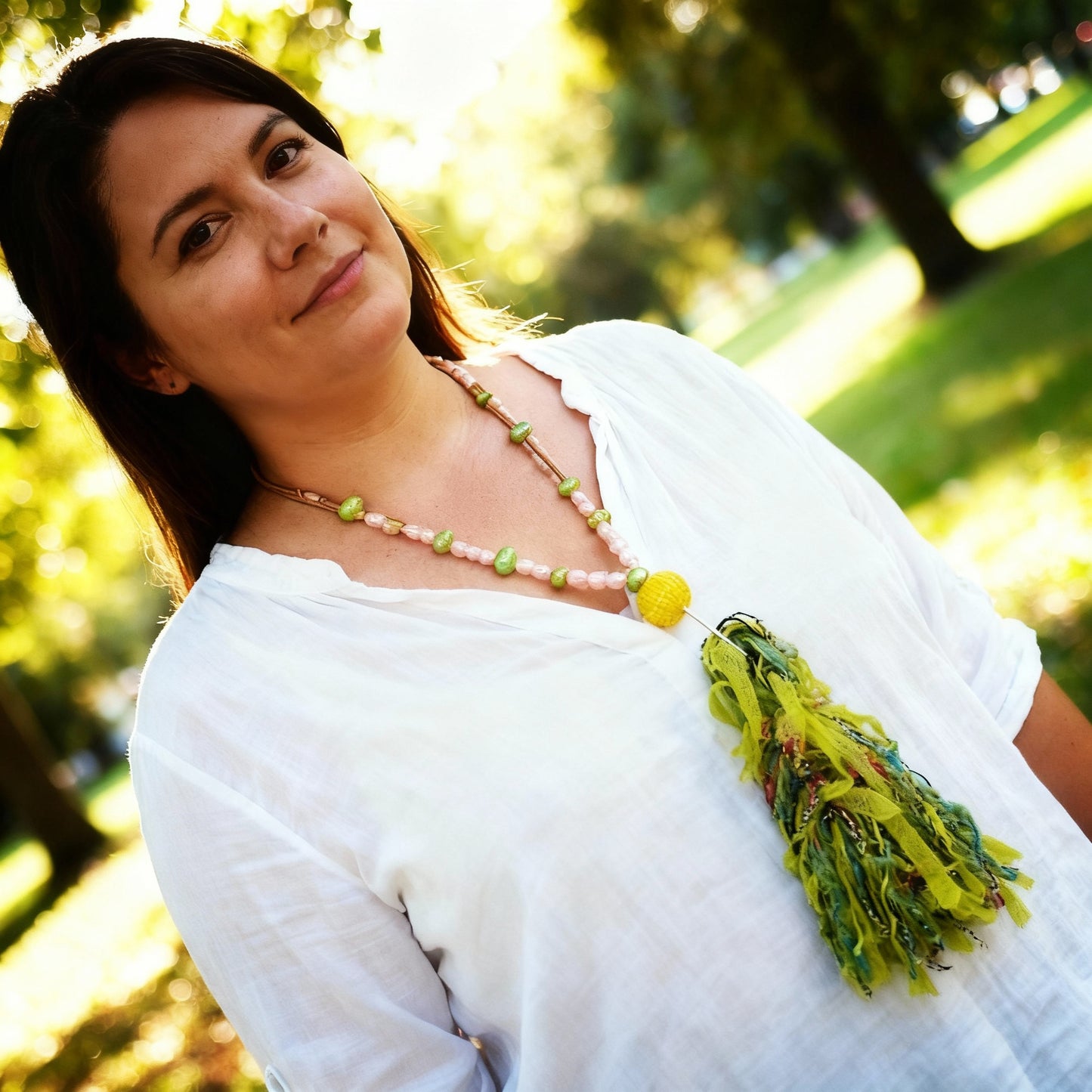 White Pearls & Lime Green Dancing Pearls & Colorful Tassel Necklace