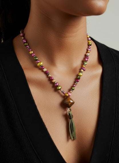 Multicolor Freshwater Pearls & Crystal Rondelles & Olive Green Deer Tan & Antique Copper Accents