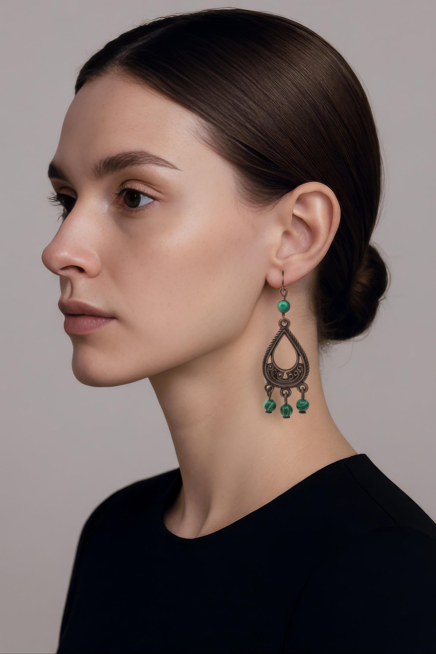 Malachite on Antique Copper Chandelier Earrings