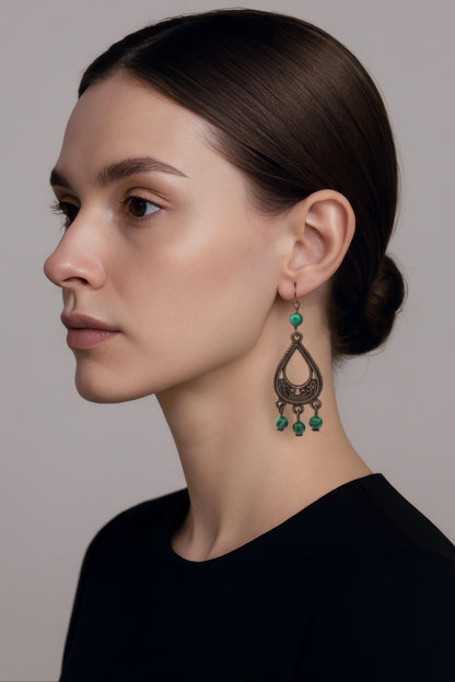 Malachite on Antique Copper Chandelier Earrings