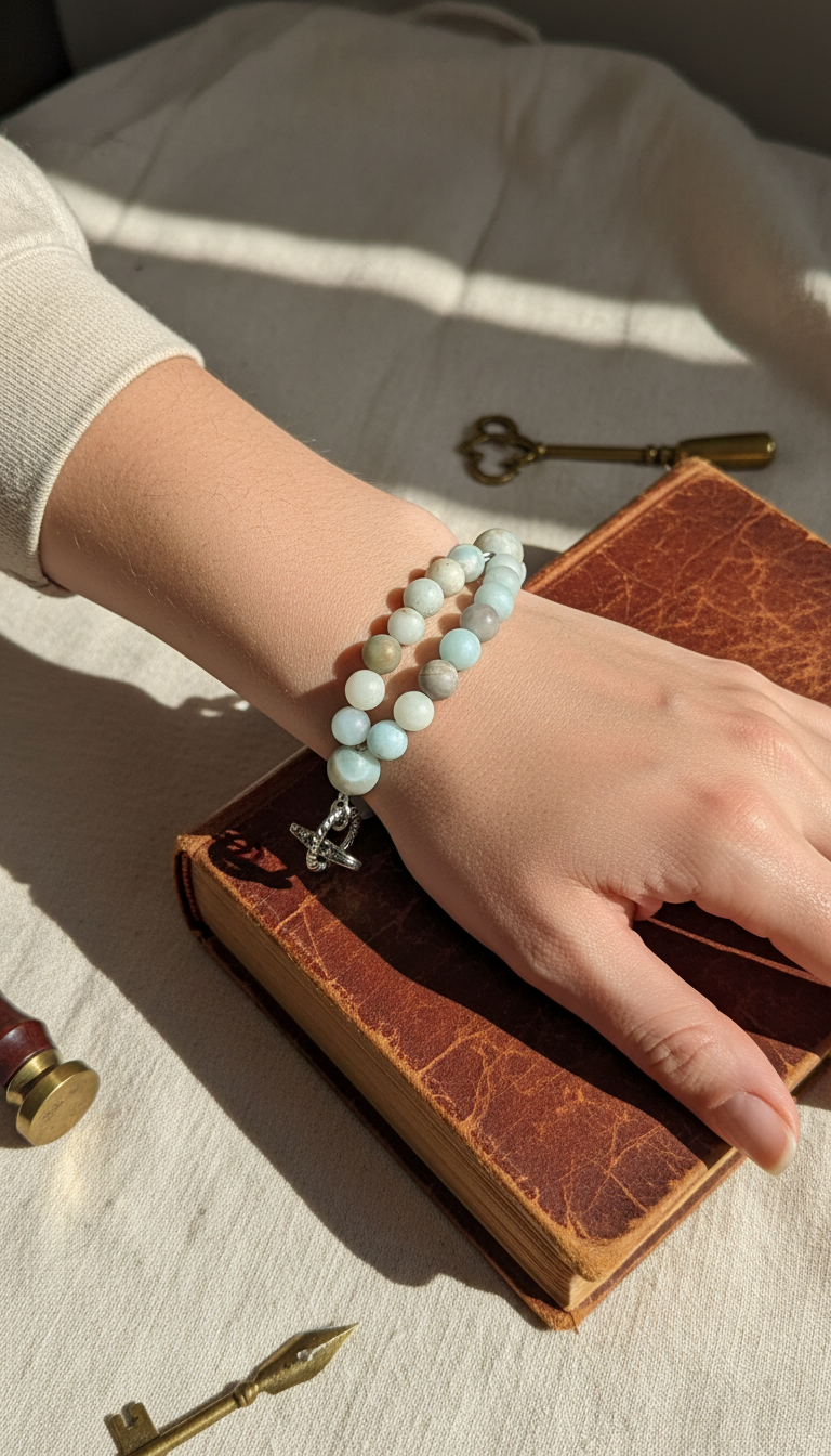 Adjustable Bracelet on Gray Suede and Amazonite Beads & Silver tone Accents