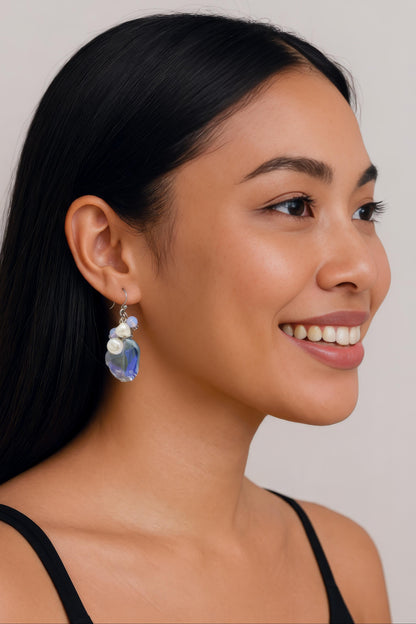 Blue/Purple Crystal Drop Earrings with Pearls & Opalite with Stainless Steel Ear Wires