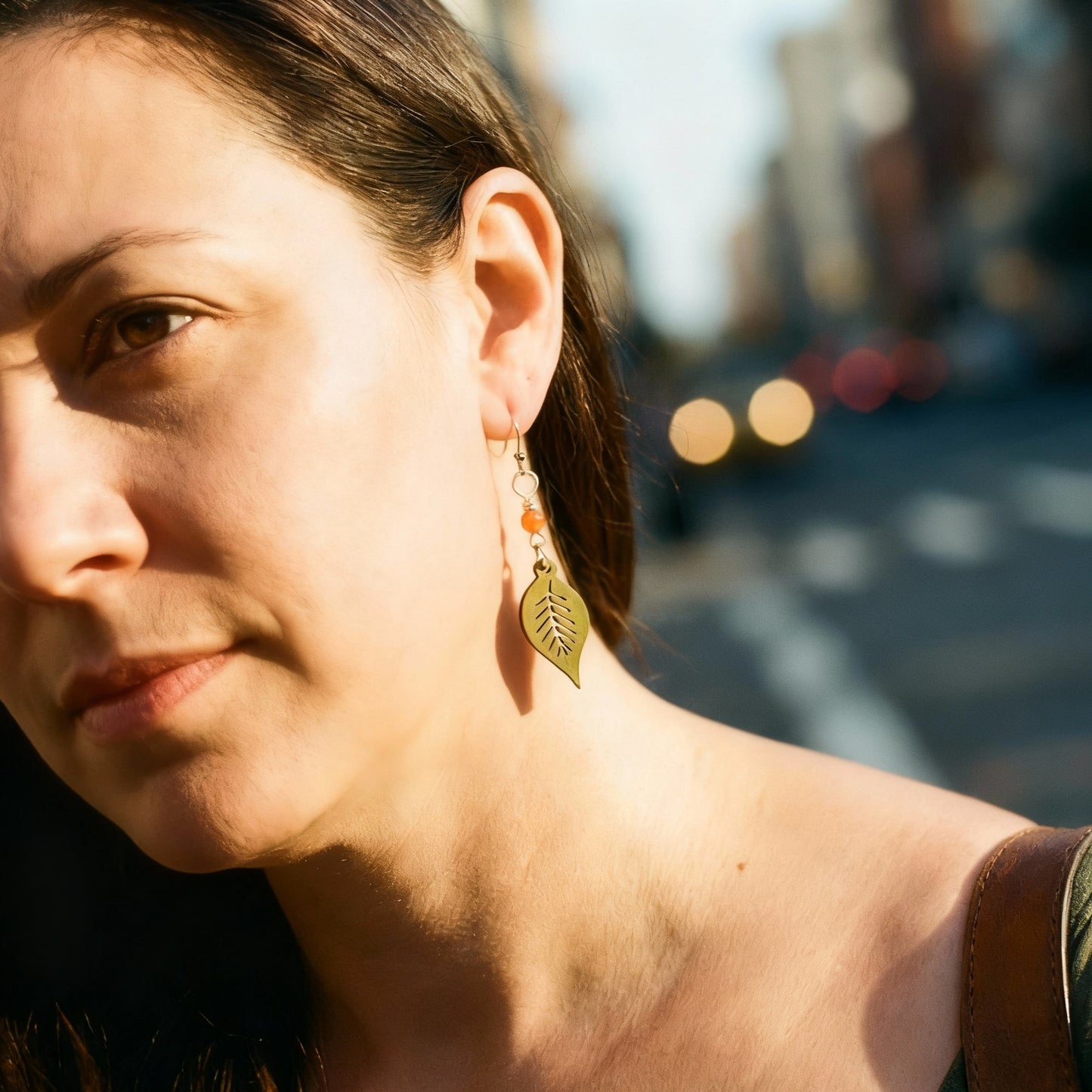 Olive Green Laser Cut Wood Earrings With Orange Quartzite on Stainless Steel Ear Wires