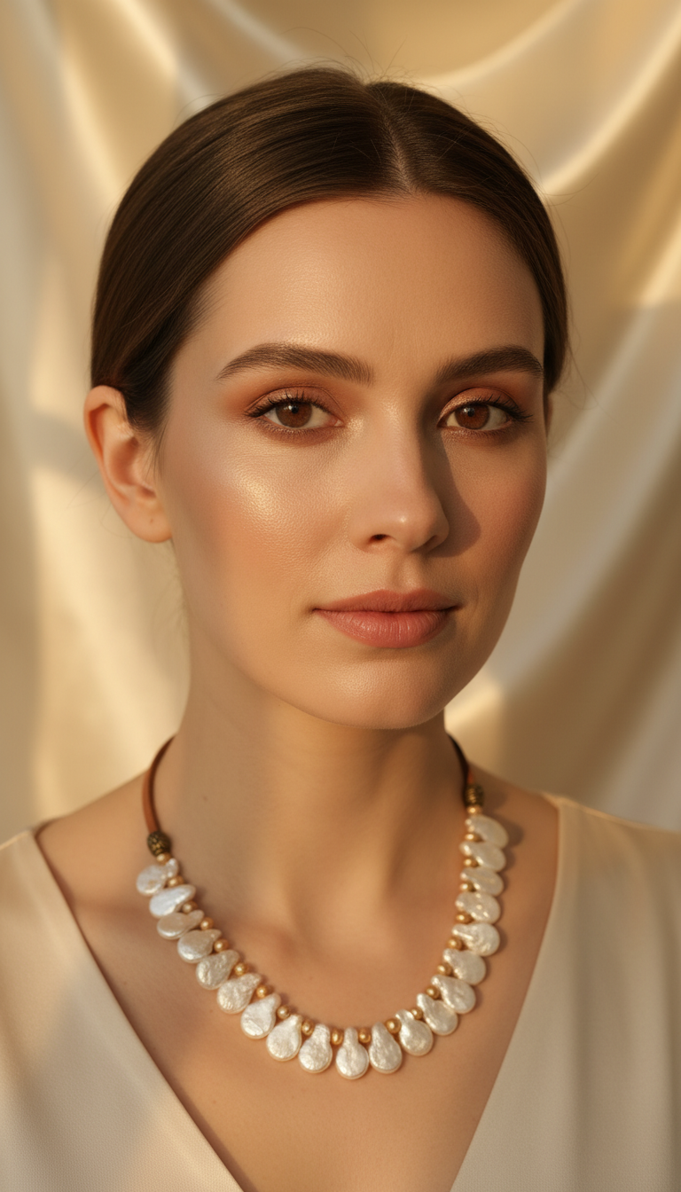 Champagne and White Paddle Pearls on Medium Brown Leather Necklace