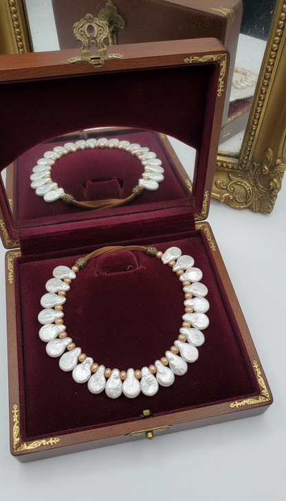 Champagne and White Paddle Pearls on Medium Brown Leather Necklace