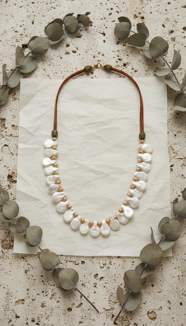 Champagne and White Paddle Pearls on Medium Brown Leather Necklace