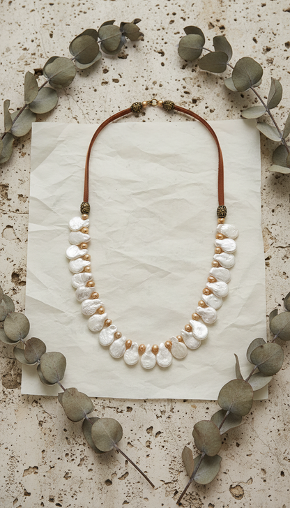 Champagne and White Paddle Pearls on Medium Brown Leather Necklace