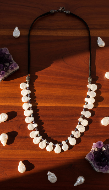 White Paddle and Peacock Rice Pearls and Brown Leather Necklace