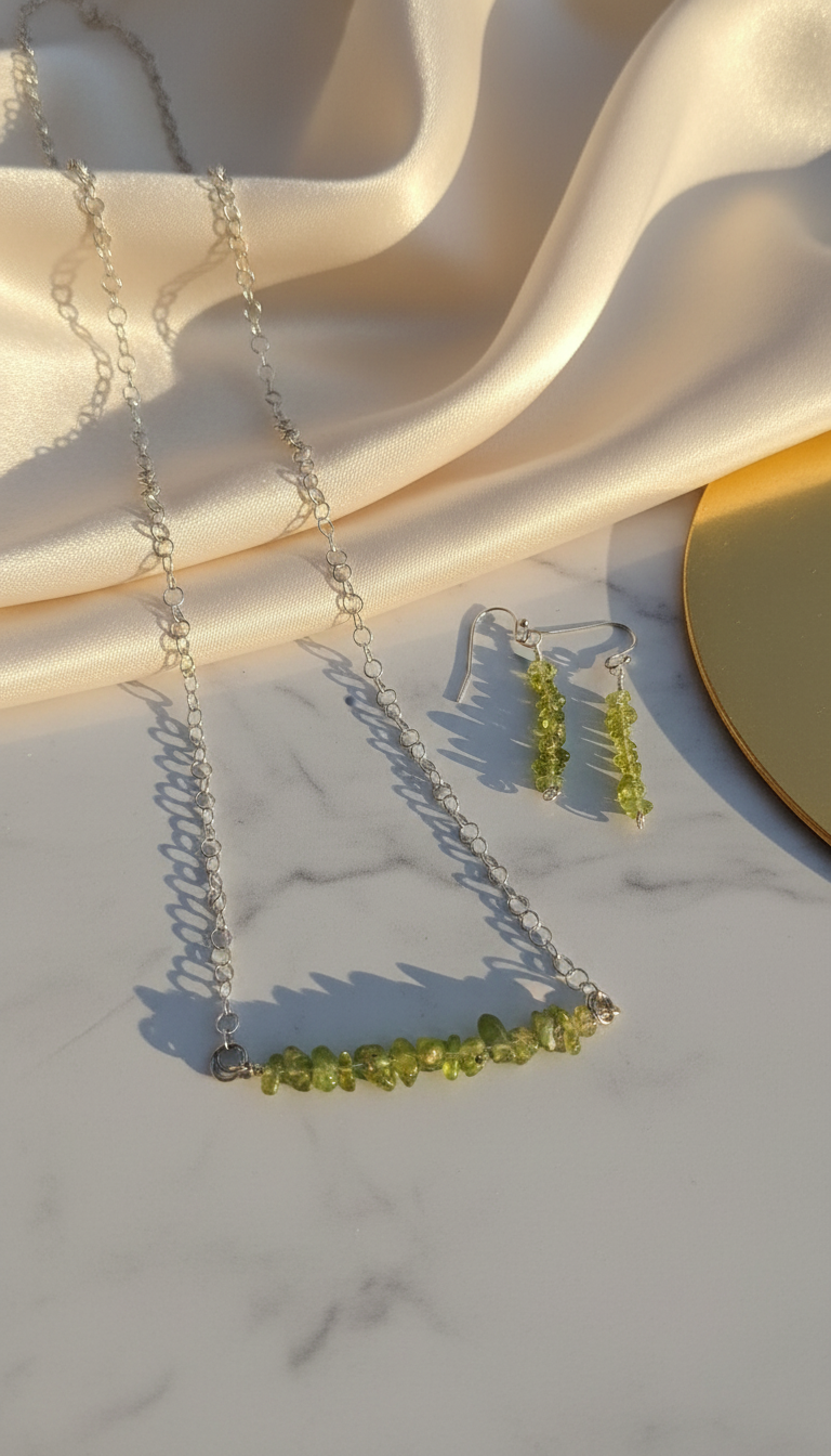 Peridot Bar Necklace &amp; Earrings on Stainless Steel Chain and Ear Wires