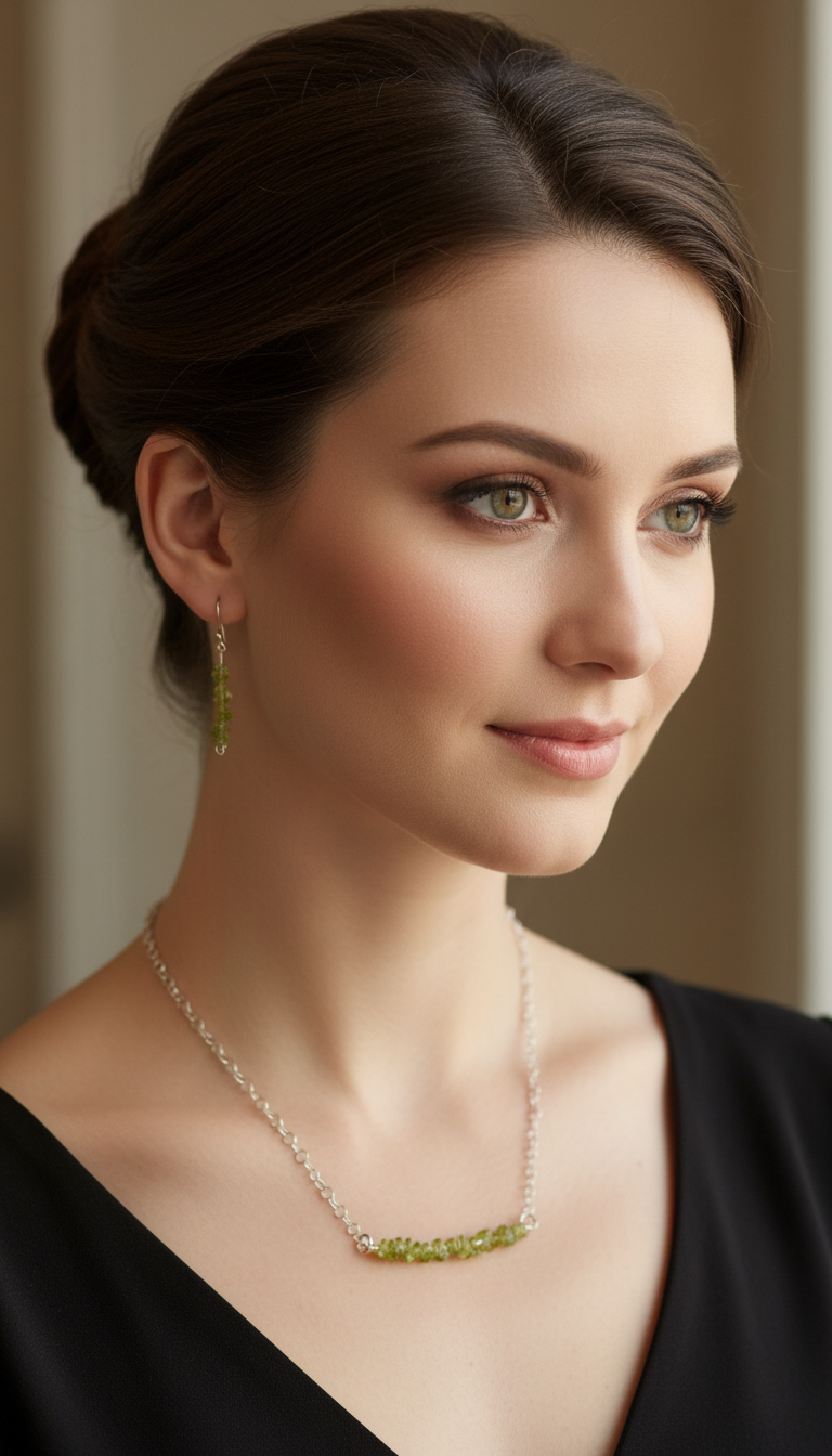 Peridot Bar Necklace &amp; Earrings on Stainless Steel Chain and Ear Wires