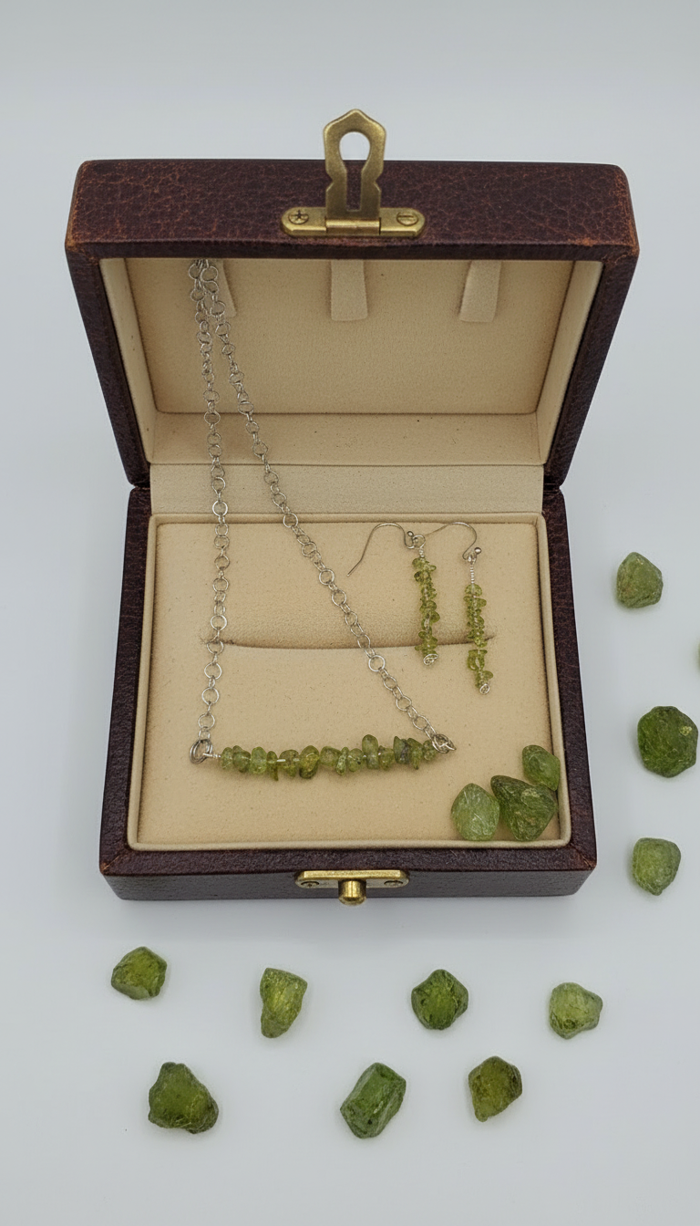 Peridot Bar Necklace &amp; Earrings on Stainless Steel Chain and Ear Wires