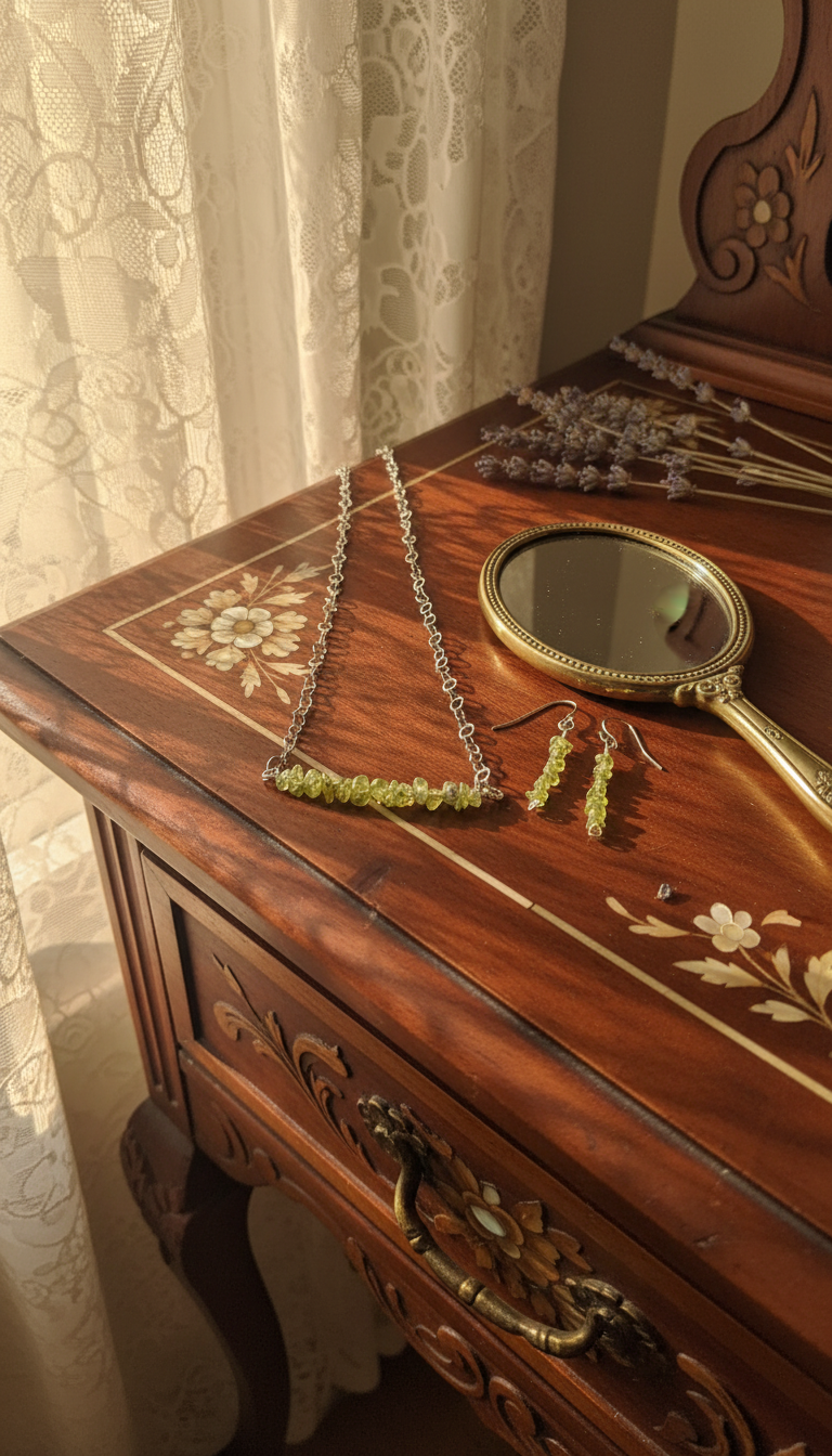 Peridot Bar Necklace &amp; Earrings on Stainless Steel Chain and Ear Wires