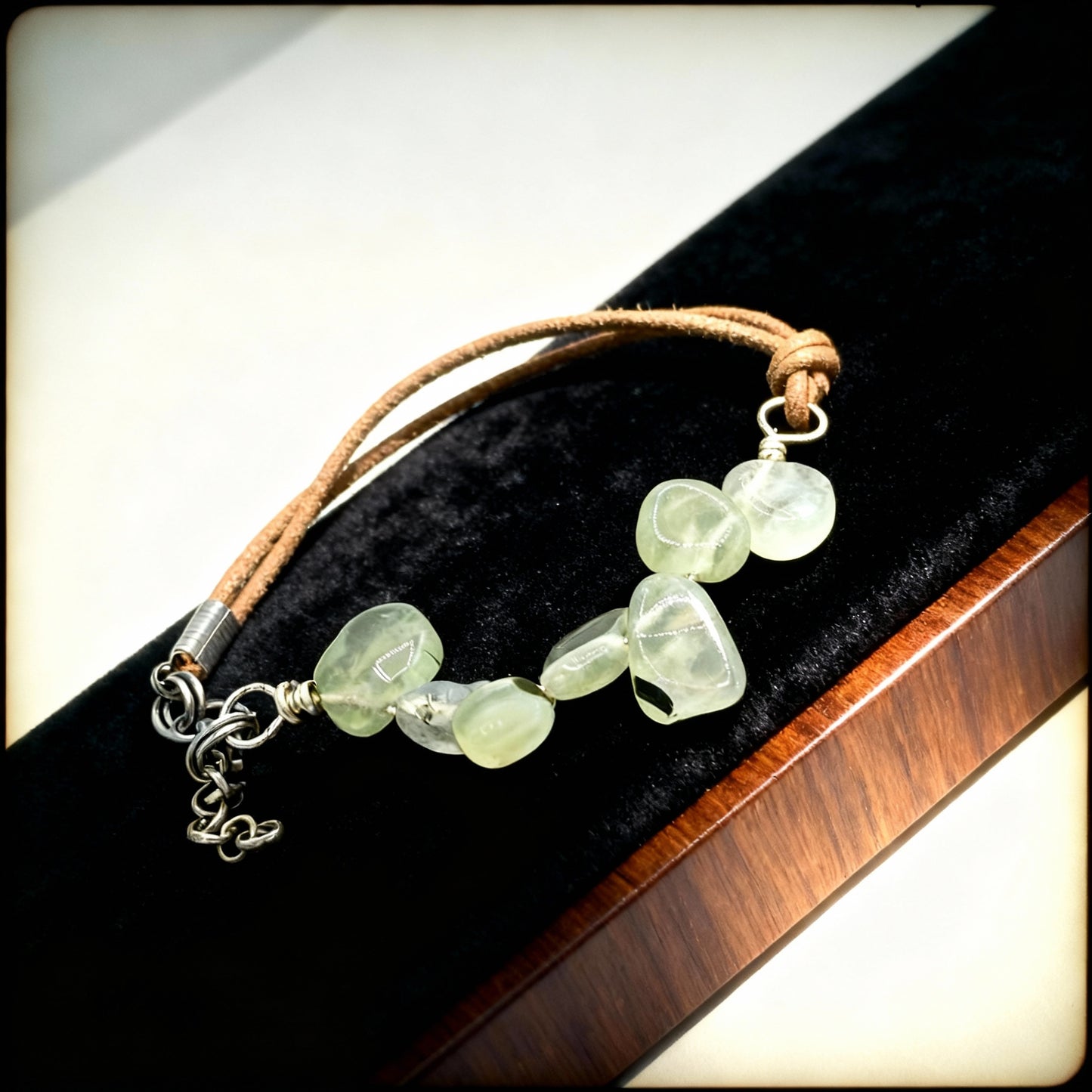 Prehnite Paddles and Natural Tan Leather Bracelet