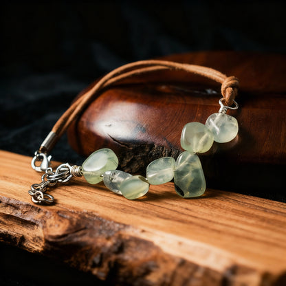 Prehnite Paddles and Natural Tan Leather Bracelet