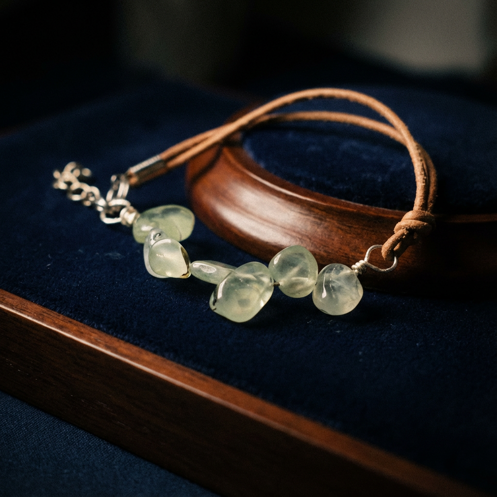 Prehnite Paddles and Natural Tan Leather Bracelet