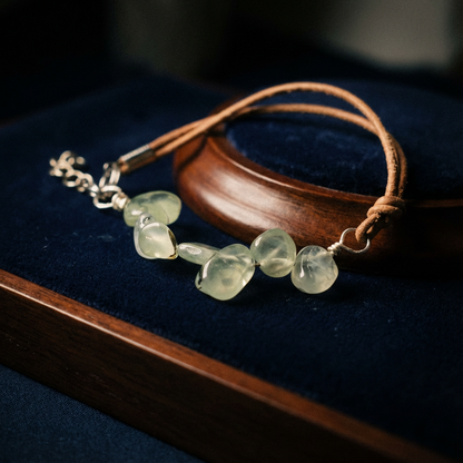 Prehnite Paddles and Natural Tan Leather Bracelet