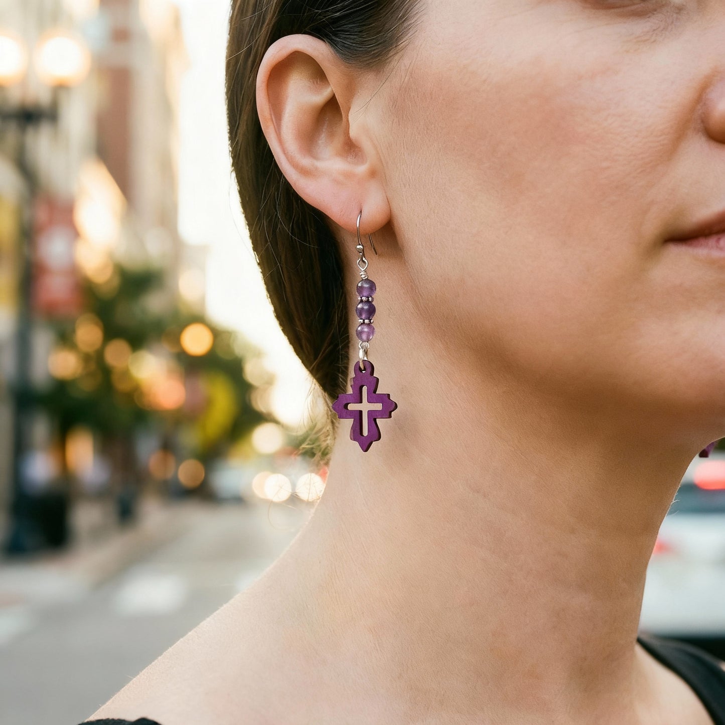 Laser Cut Wood Earrings in Purple Cross & Amethyst Beads on Stainless Steel Ear Wires