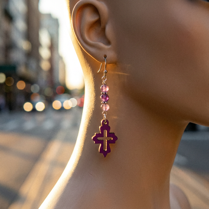 Laser Cut Wood Earrings in Purple Cross & Amethyst Beads on Stainless Steel Ear Wires
