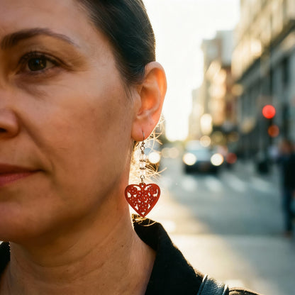 Red Laser Cut Wood Heart and White Quartzite on Stainless Steel Ear Wires