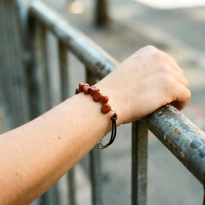 Red Jasper Nuggets on Dark Brown Leather Bracelet