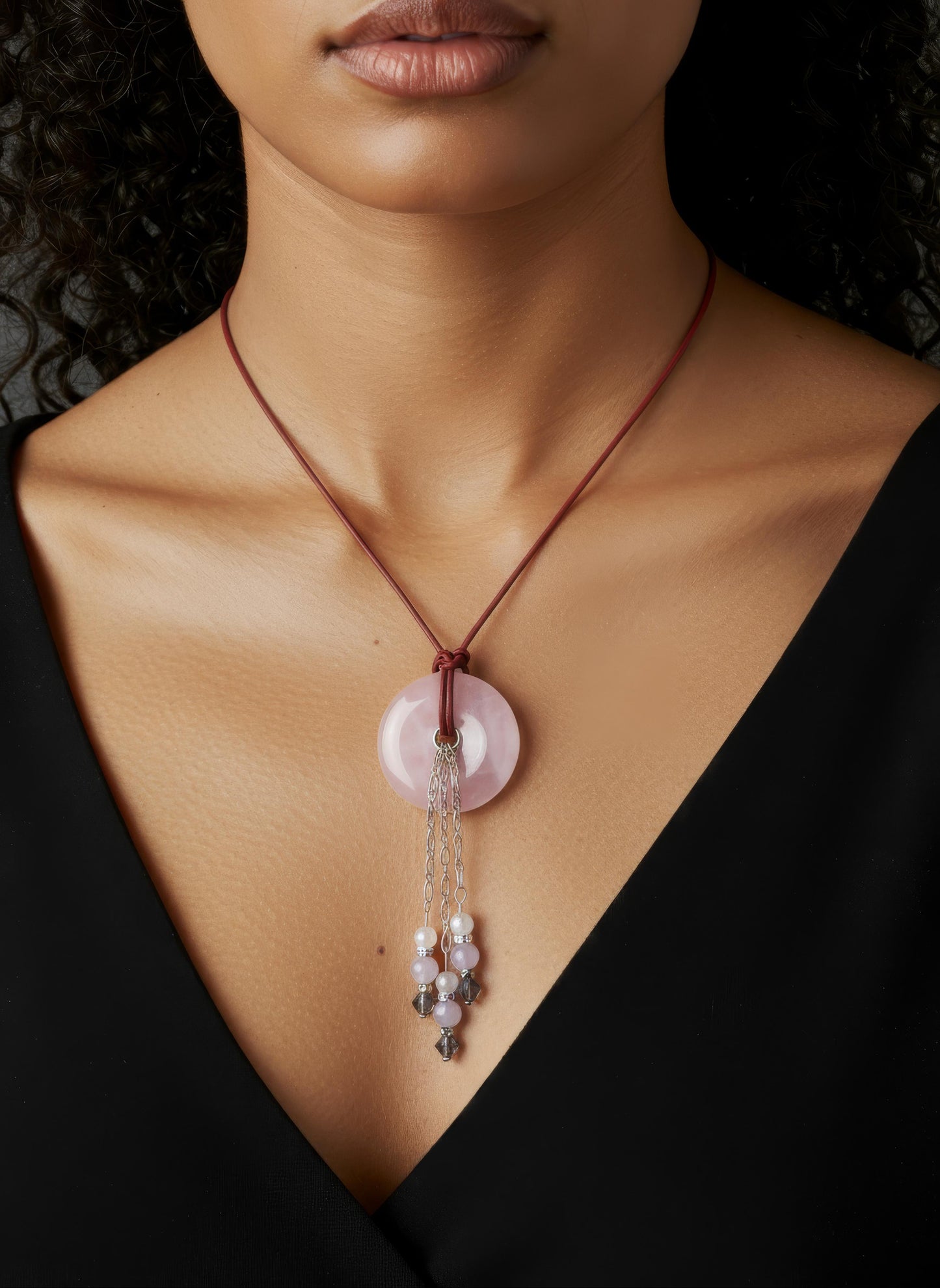 Rose Quartz Donut & Beads, Silver Tone Chain Tassels and Accents on Turkish Red Leather - Adjustable Style and Earrings