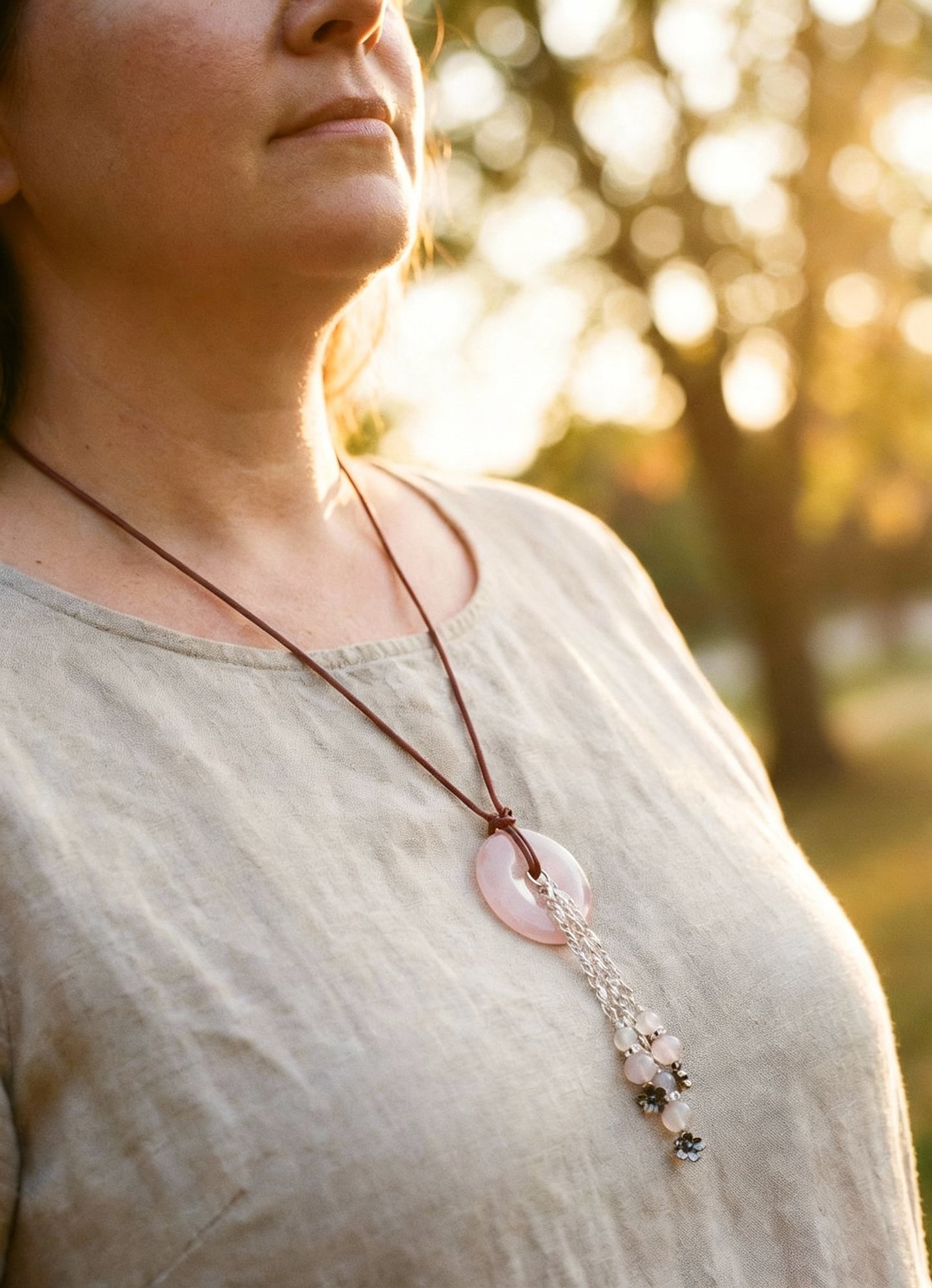 Rose Quartz Donut & Beads, Silver Tone Chain Tassels and Accents on Turkish Red Leather - Adjustable Style and Earrings