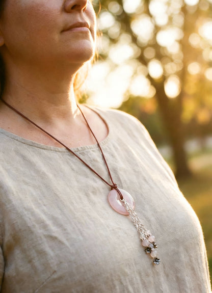 Rose Quartz Donut & Beads, Silver Tone Chain Tassels and Accents on Turkish Red Leather - Adjustable Style and Earrings