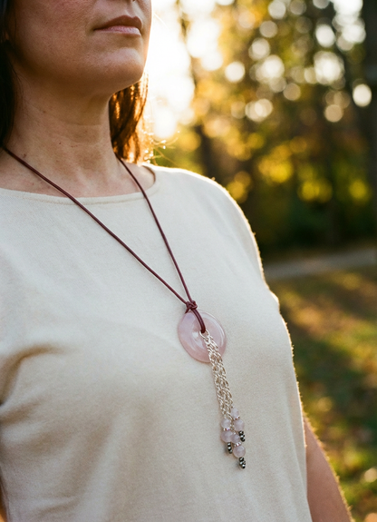 Rose Quartz Donut & Beads, Silver Tone Chain Tassels and Accents on Turkish Red Leather - Adjustable Style and Earrings