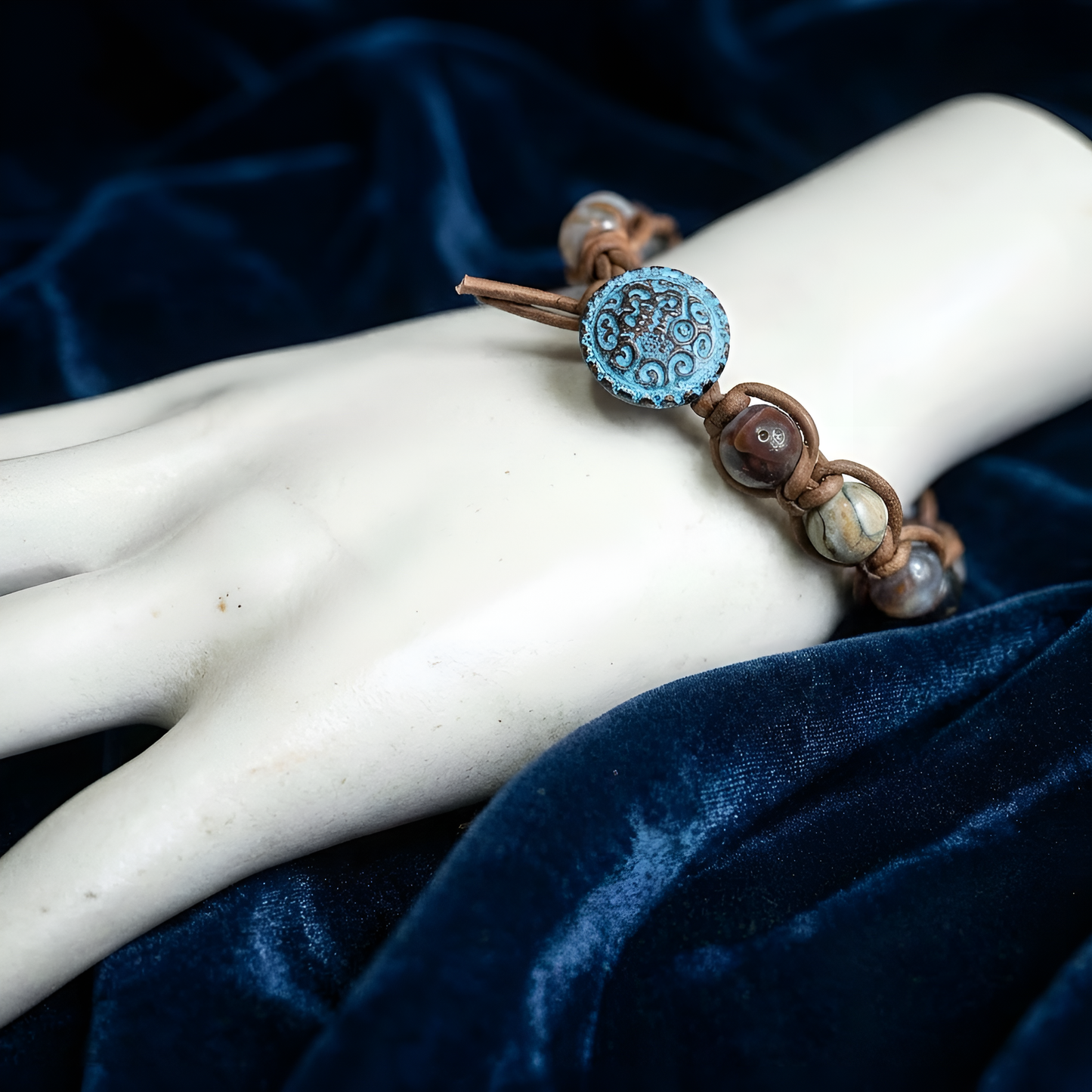 Sea Sediment Jasper on Natural Tan Leather and Blue Patina Button