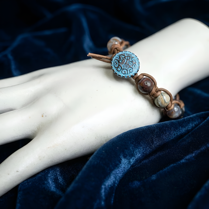 Sea Sediment Jasper on Natural Tan Leather and Blue Patina Button