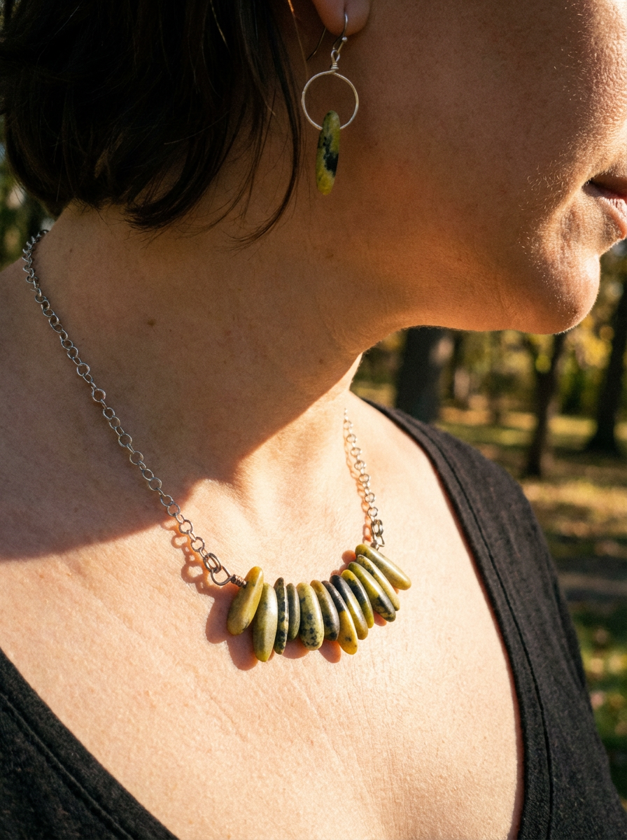 Serpentine Bar Necklace &amp; Earrings on Stainless Steel Chain and Ear Wires