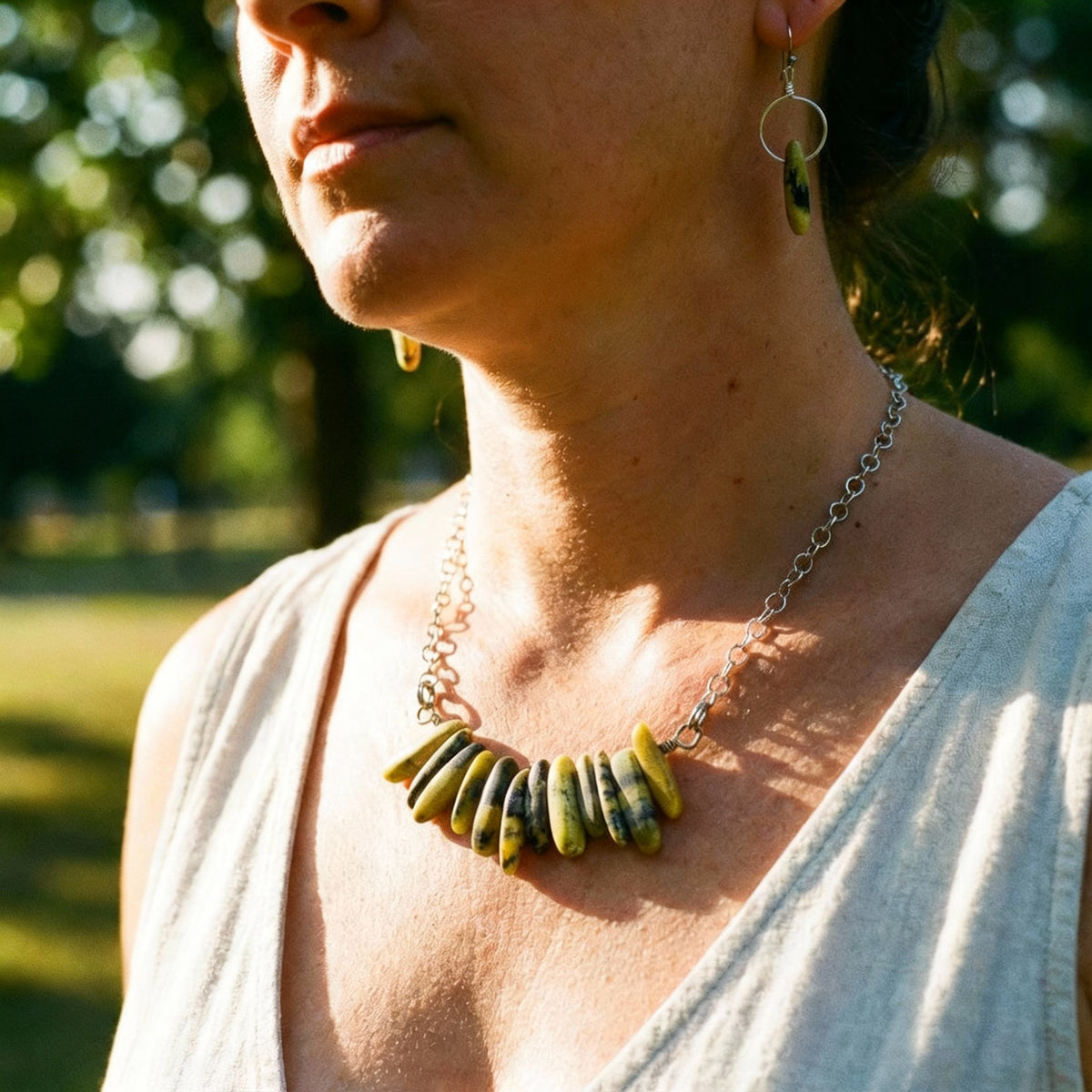 Serpentine Bar Necklace &amp; Earrings on Stainless Steel Chain and Ear Wires